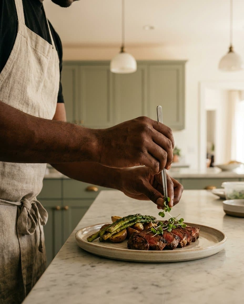 A private chef plating steak in a home kitchen
