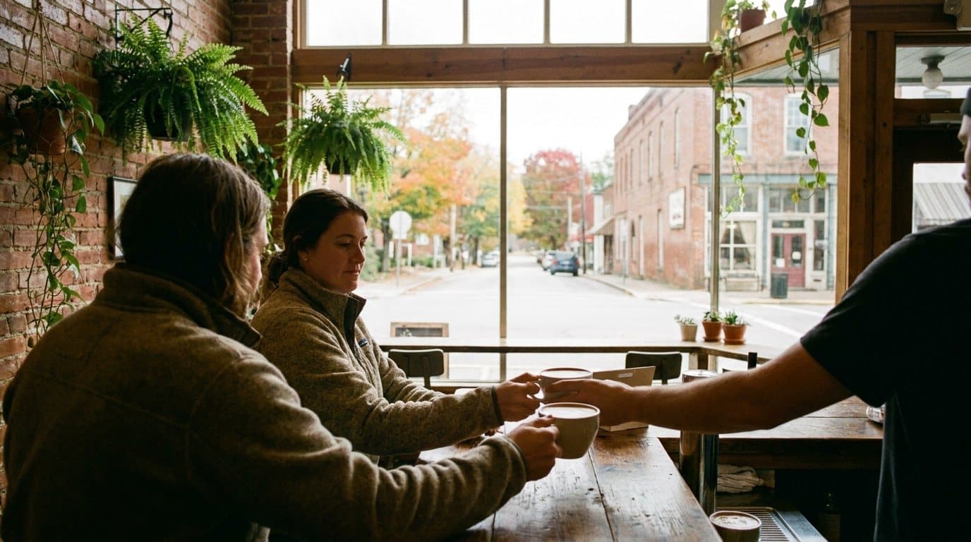 Two visitors being handed lattes at the counter of a small-town mountain coffee shop